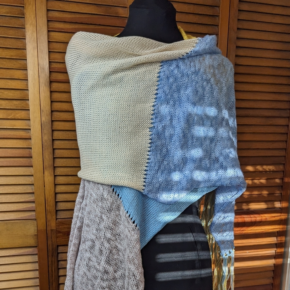Color Blocked Knit Shawl Scarf Wrap Blue, Yellow, Beige, Tan